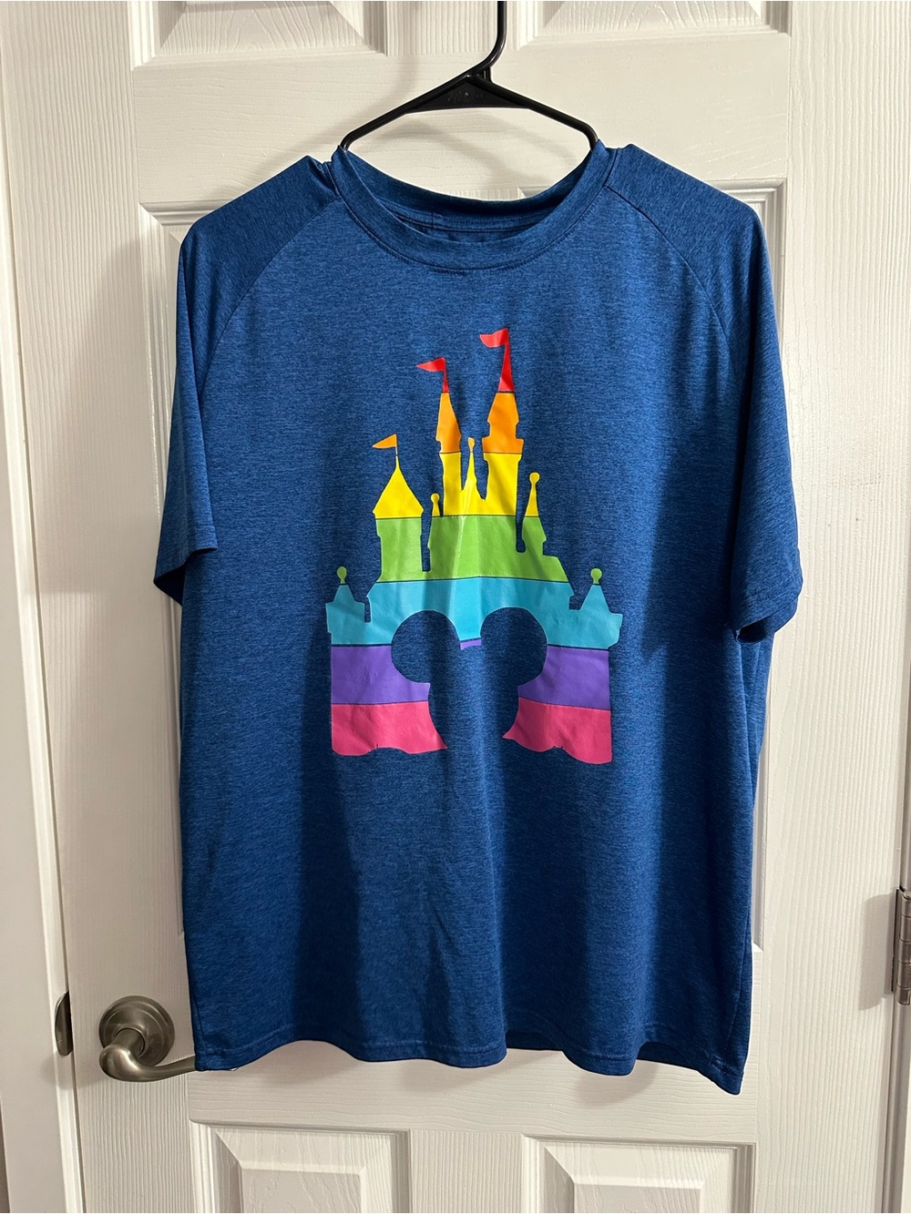 Women’s L Short-Sleeve Disney Castle Graphic Tee - Blue with Rainbow Print
